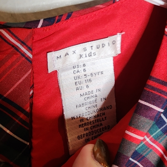NWT Max Studio Kids Red Christmas Plaid Sateen Dress Velevt Bow Size 6 - Picture 8 of 12